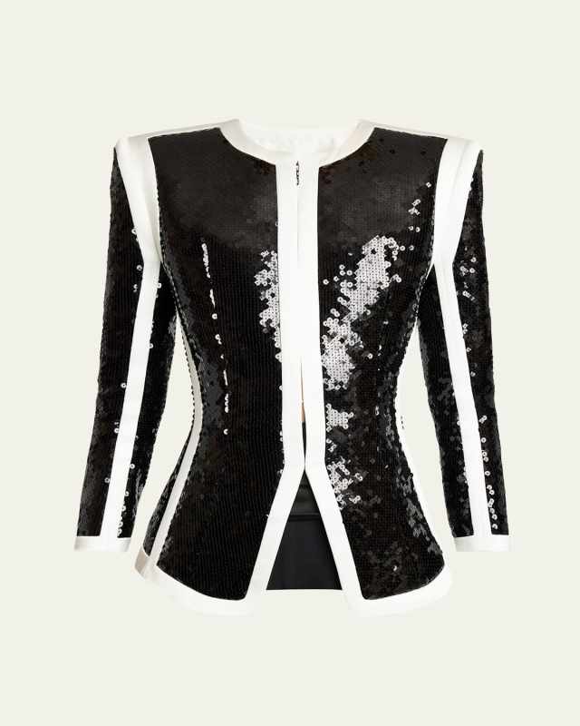 Collarless Contrast Trim Sequined Blazer